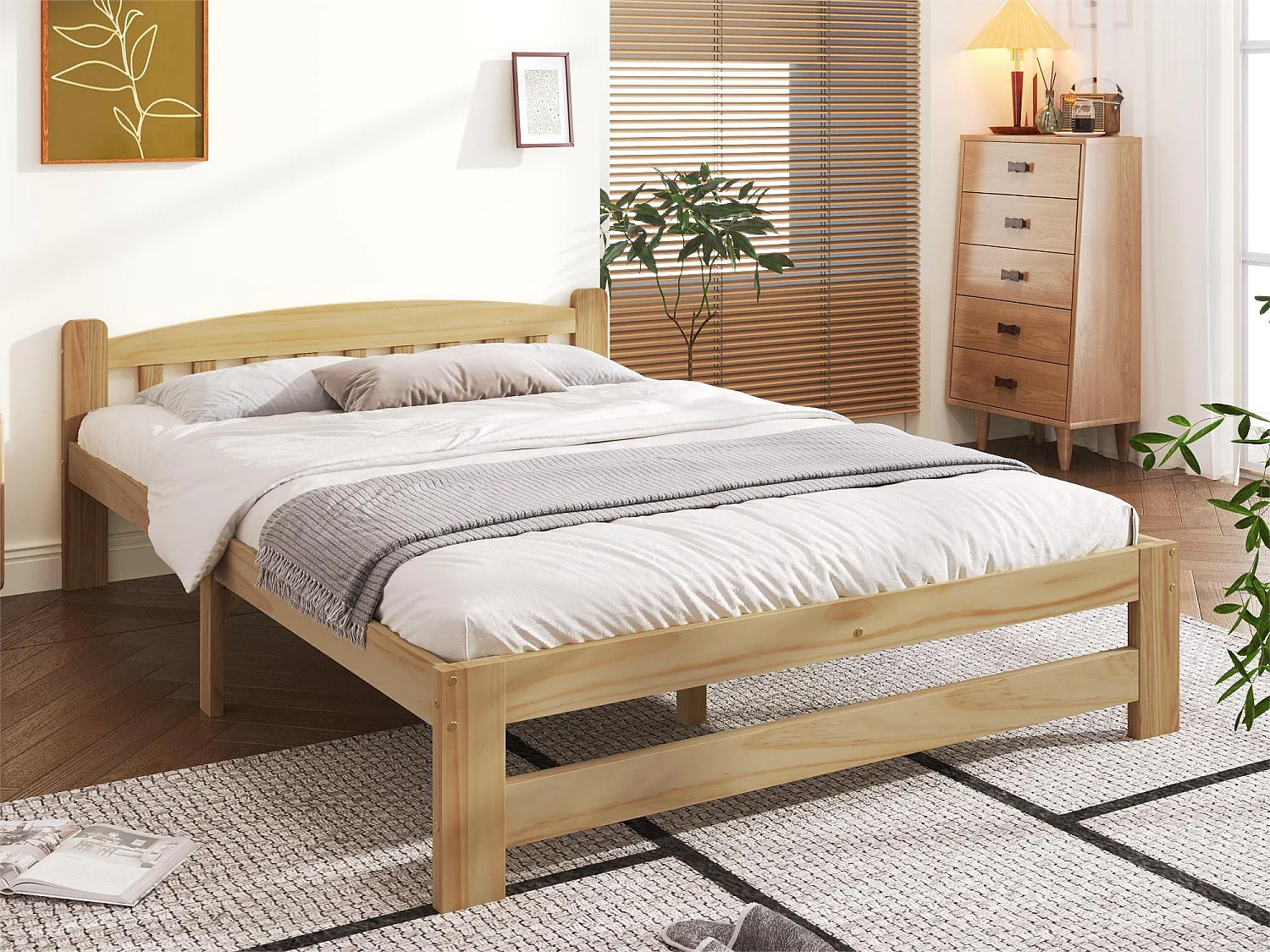 Cama com cabeceira - 140 x 200 cm - madeira maciça - base de ripas - cor natural