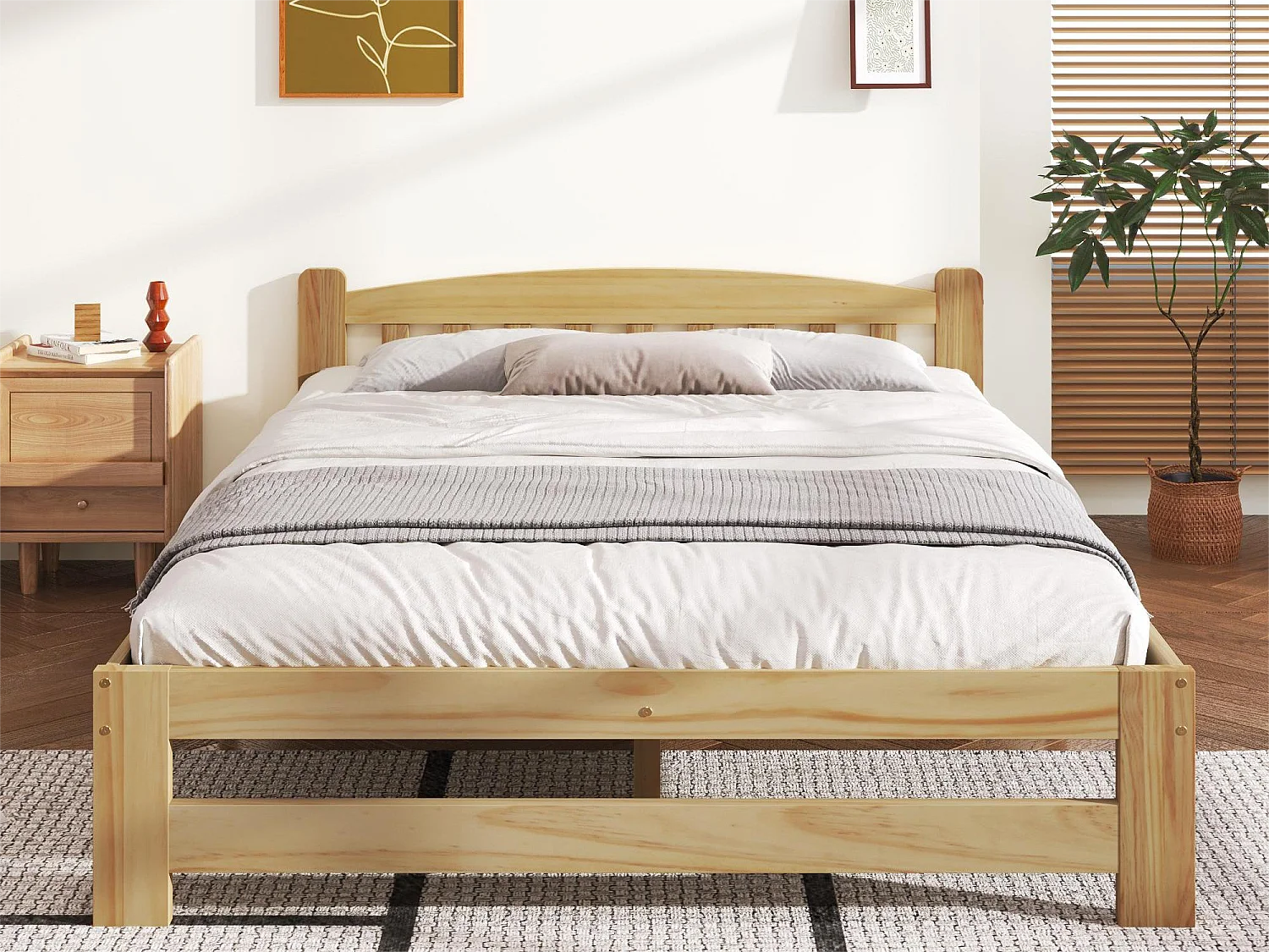 Cama com cabeceira - 140 x 200 cm - madeira maciça - base de ripas - cor natural