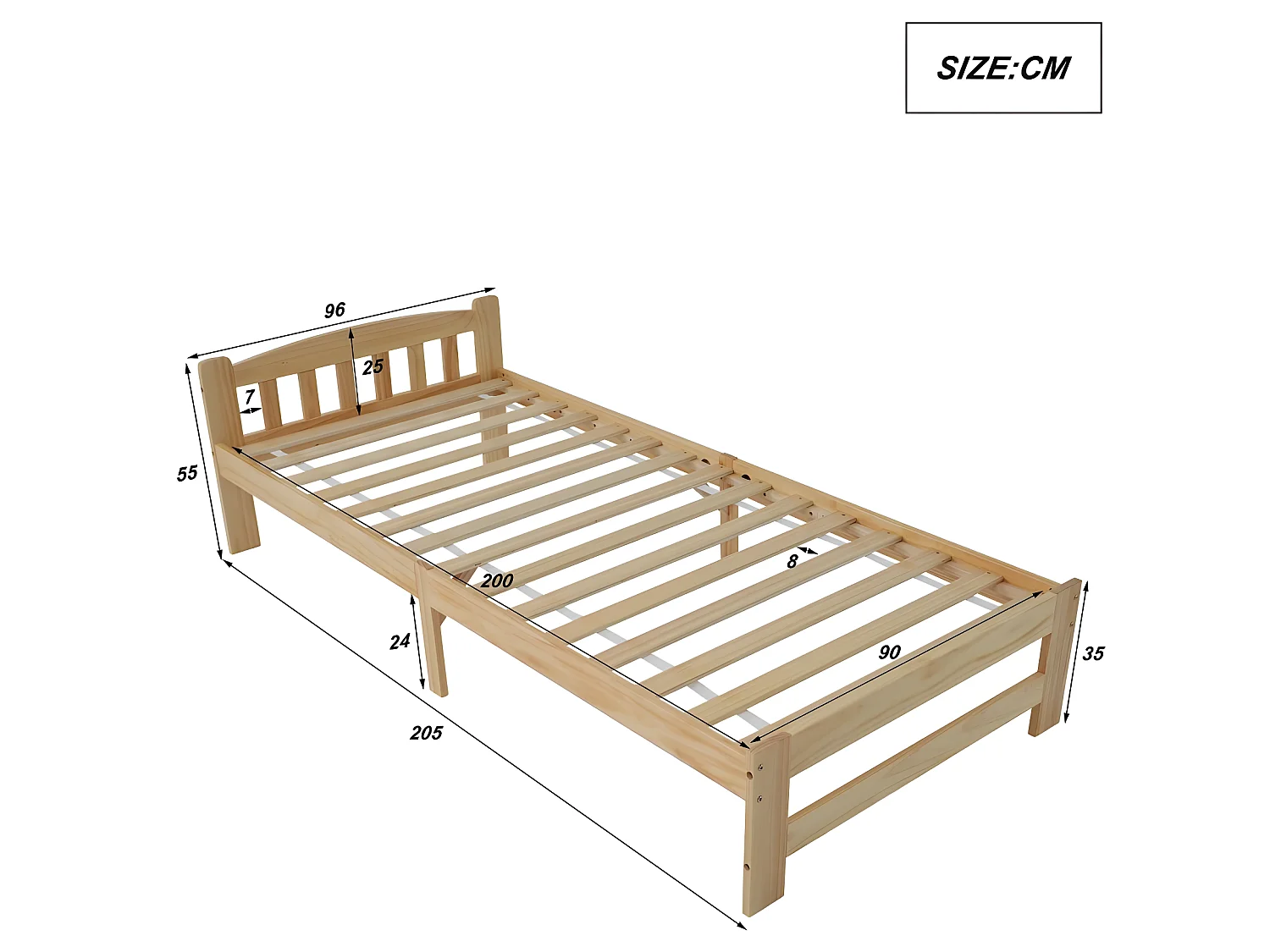 Bett mit Kopfteil – 90 x 200 cm – Massivholz – Lattenrost – Naturfarbe