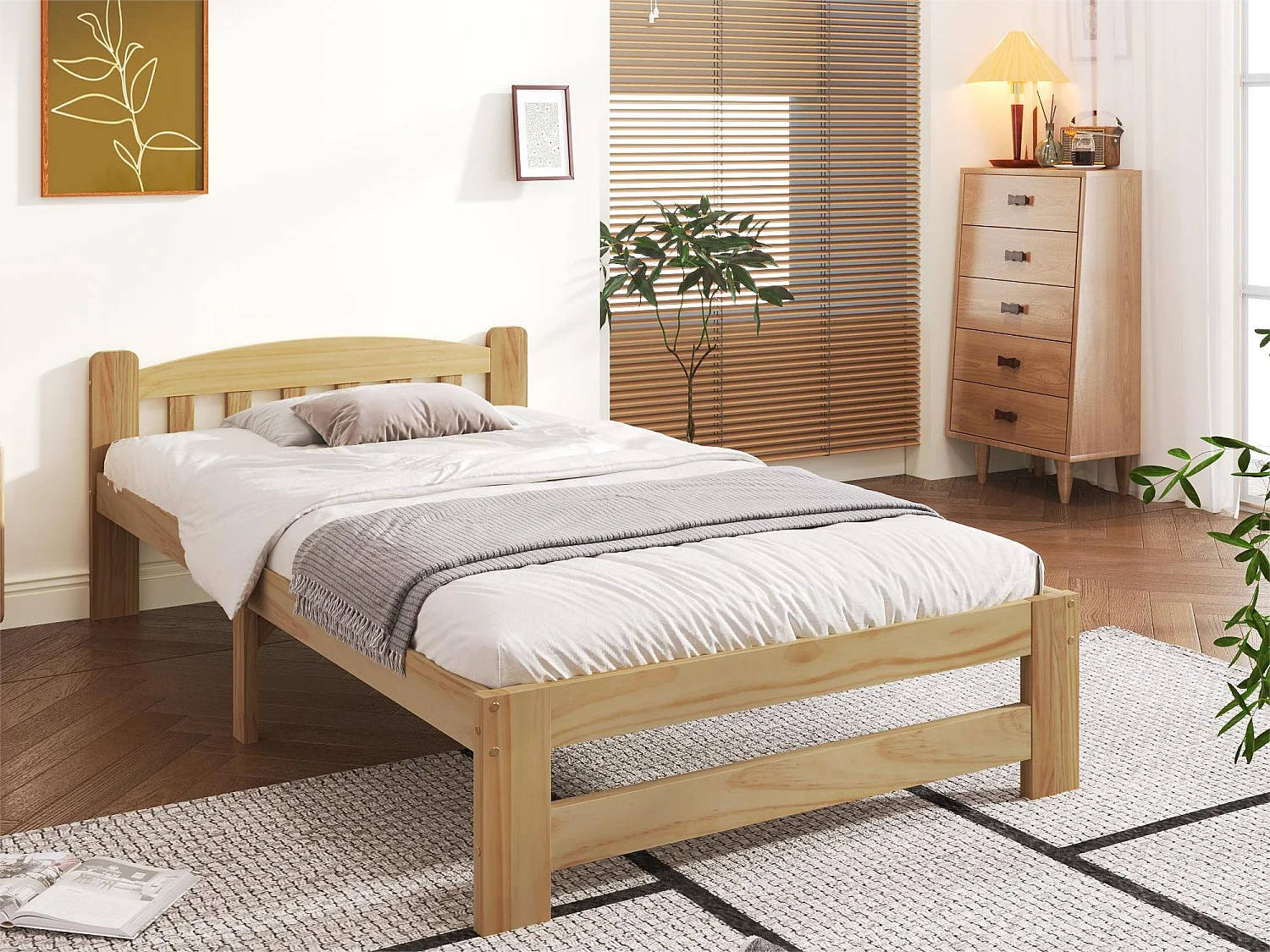 Bett mit Kopfteil – 90 x 200 cm – Massivholz – Lattenrost – Naturfarbe