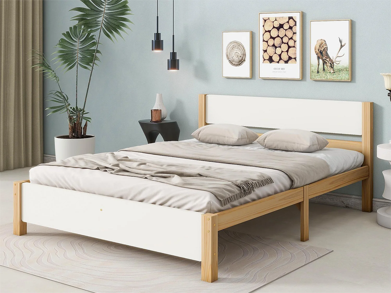 Bed met hoofdeinde - 140 x 200 cm - MDF - lattenbodem - kleur naturel en wit