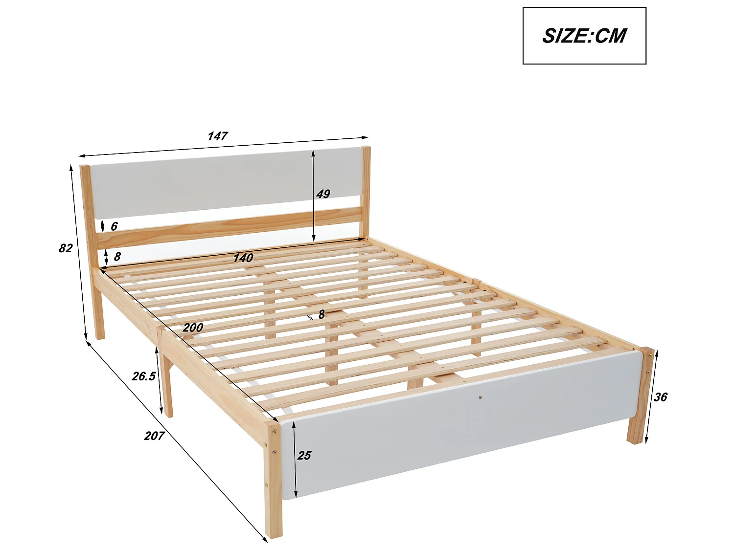 Bed met hoofdeinde - 140 x 200 cm - MDF - lattenbodem - kleur naturel en wit