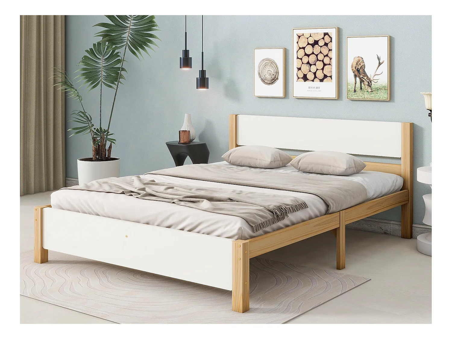 Lit avec tête de lit - 140 x 200 cm - MDF - sommier à lattes - coloris naturel et blanc