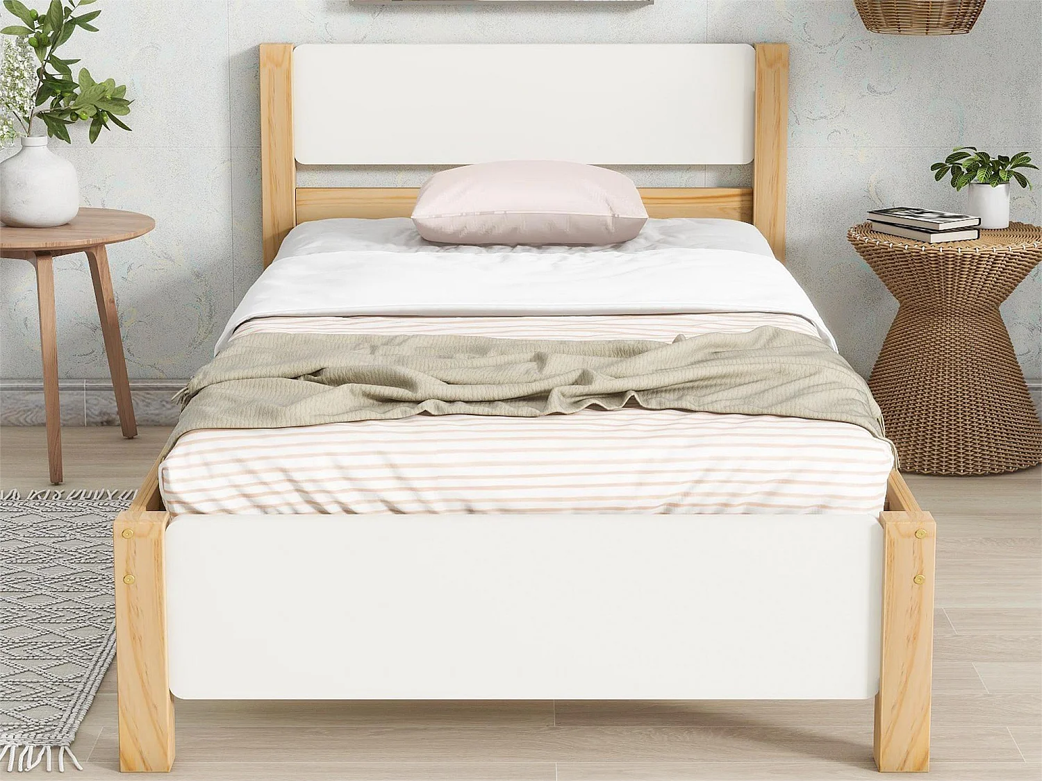 Lit avec tête de lit - 90 x 200 cm - MDF - sommier à lattes - coloris naturel et blanc