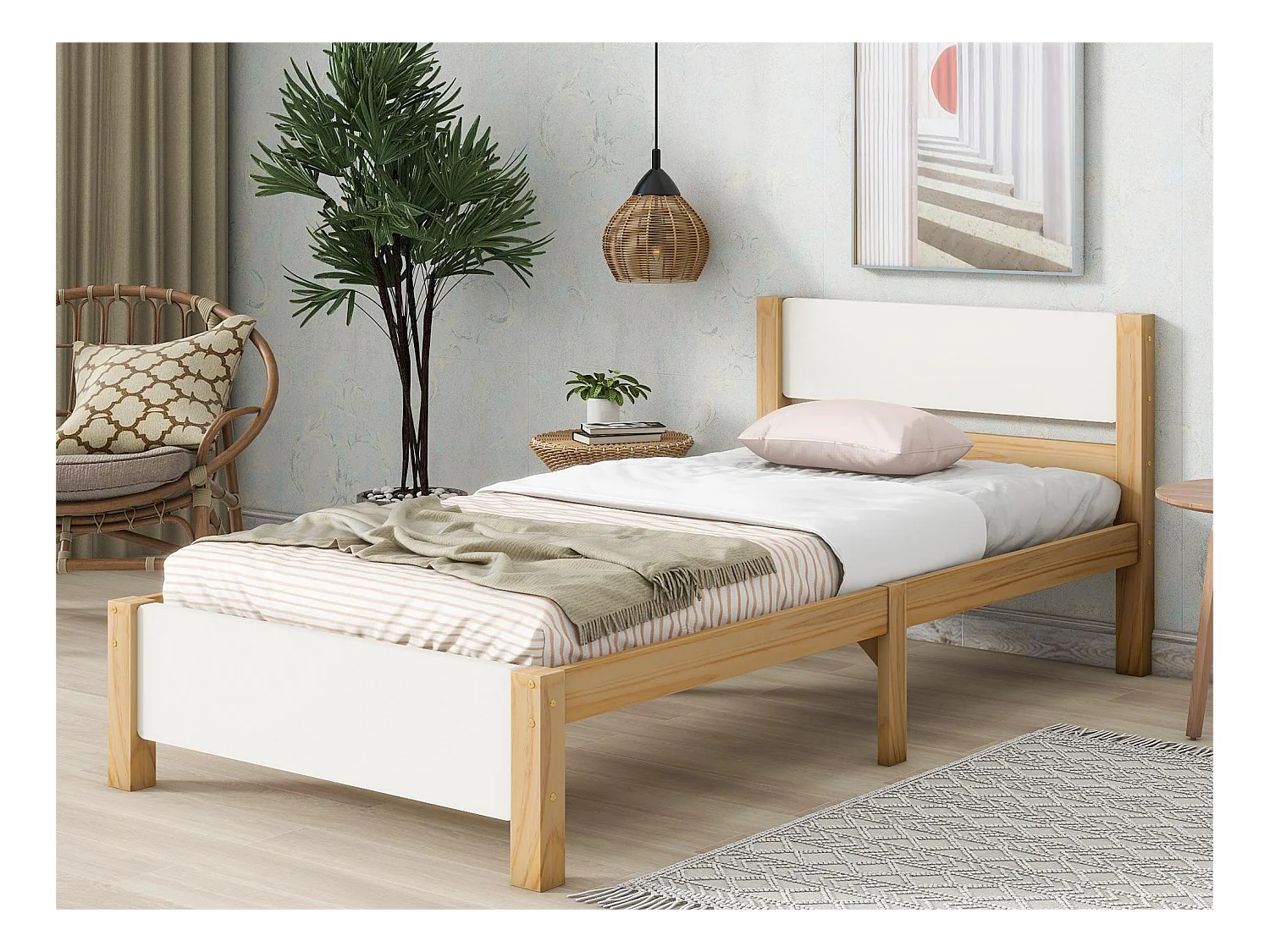 Lit avec tête de lit - 90 x 200 cm - MDF - sommier à lattes - coloris naturel et blanc