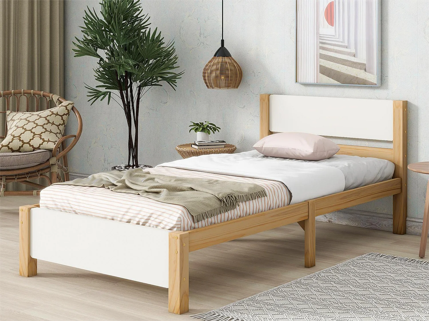 Bed met hoofdeinde - 90 x 200 cm - MDF - lattenbodem - natuurlijke en witte kleuren