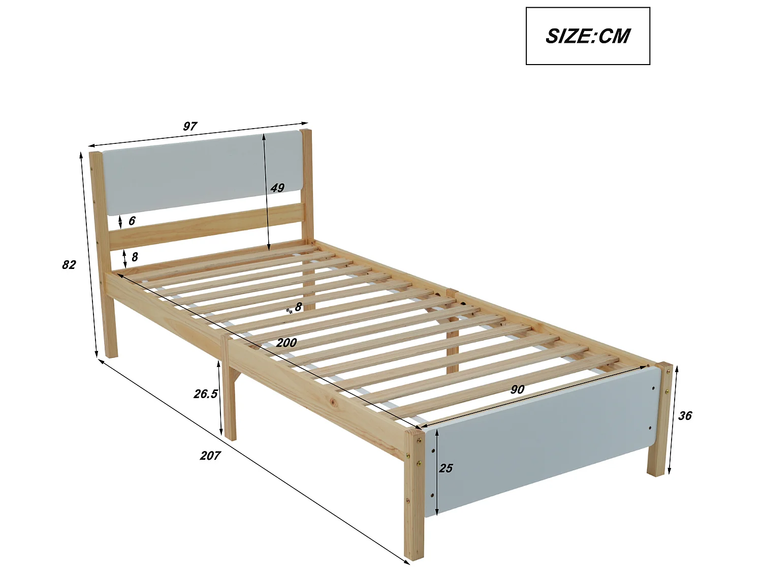 Bed met hoofdeinde - 90 x 200 cm - MDF - lattenbodem - natuurlijke en witte kleuren