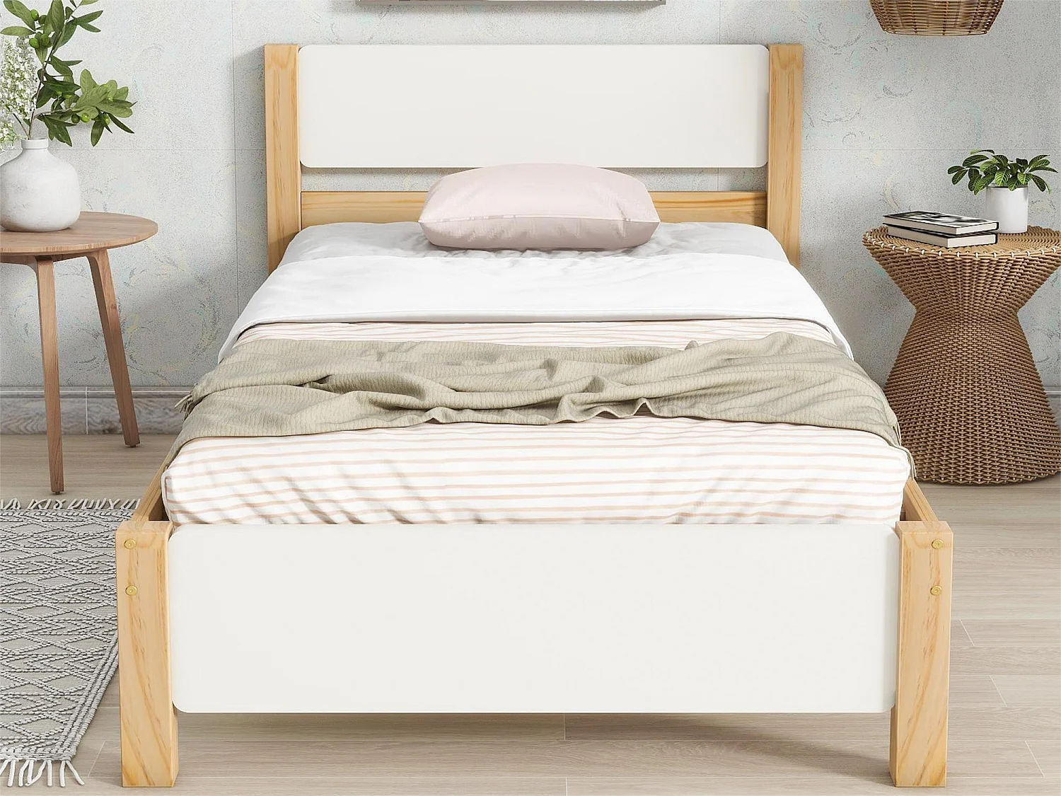 Lit avec tête de lit - 90 x 200 cm - MDF - sommier à lattes - coloris naturel et blanc