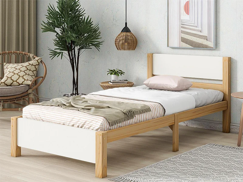 Bett mit Kopfteil – 90 x 200 cm – MDF – Lattenrost – natürliche und weiße Farbe