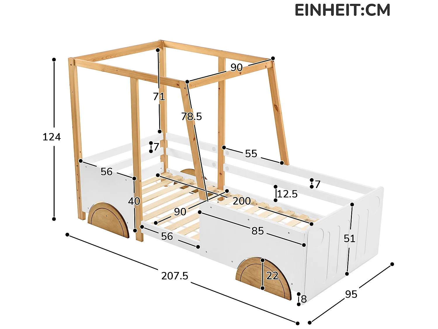 Łóżko kabinowe - 90 x 200 cm - płyta MDF i sosna - stelaż z listew - kolory biały i naturalny