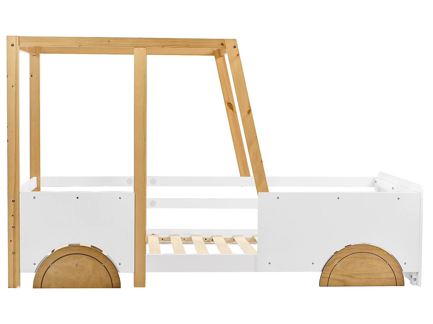 Łóżko kabinowe - 90 x 200 cm - płyta MDF i sosna - stelaż z listew - kolory biały i naturalny