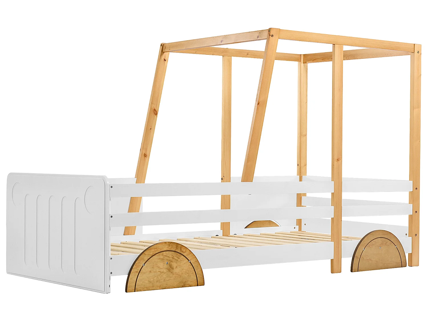 Łóżko kabinowe - 90 x 200 cm - płyta MDF i sosna - stelaż z listew - kolory biały i naturalny