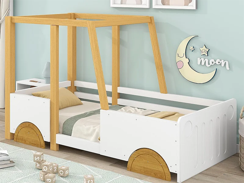 Cama cabine - 90 x 200 cm - MDF e pinho - base de ripas - branco e cor natural