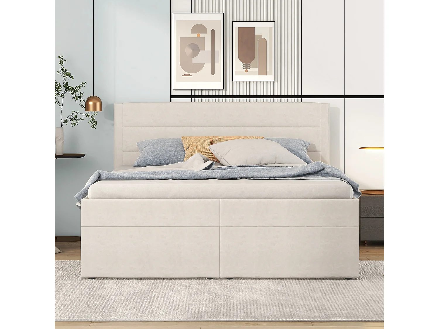 Letto contenitore 140 x 200 cm con testiera - tessuto - colore beige - apertura su due lati