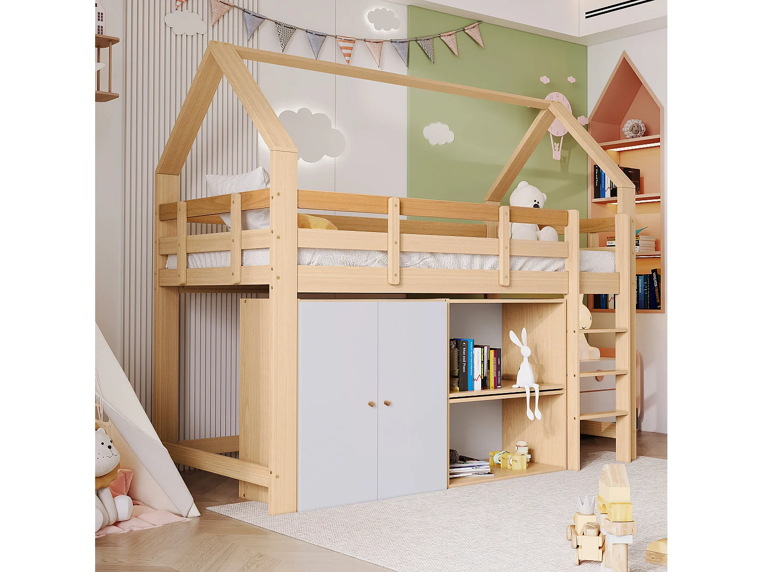 Cama entrepiso 90 x 200 cm con estantes y armario - madera maciza - color natural y blanco