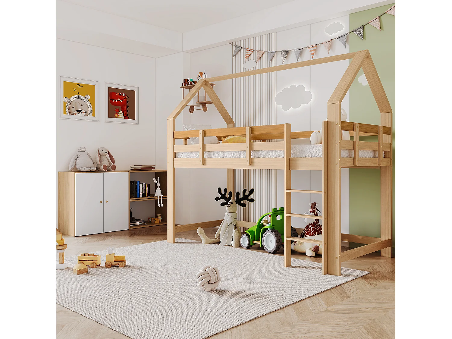 Cama entrepiso 90 x 200 cm con estantes y armario - madera maciza - color natural y blanco