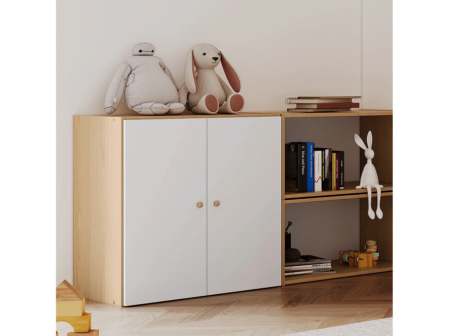 Cama entrepiso 90 x 200 cm con estantes y armario - madera maciza - color natural y blanco