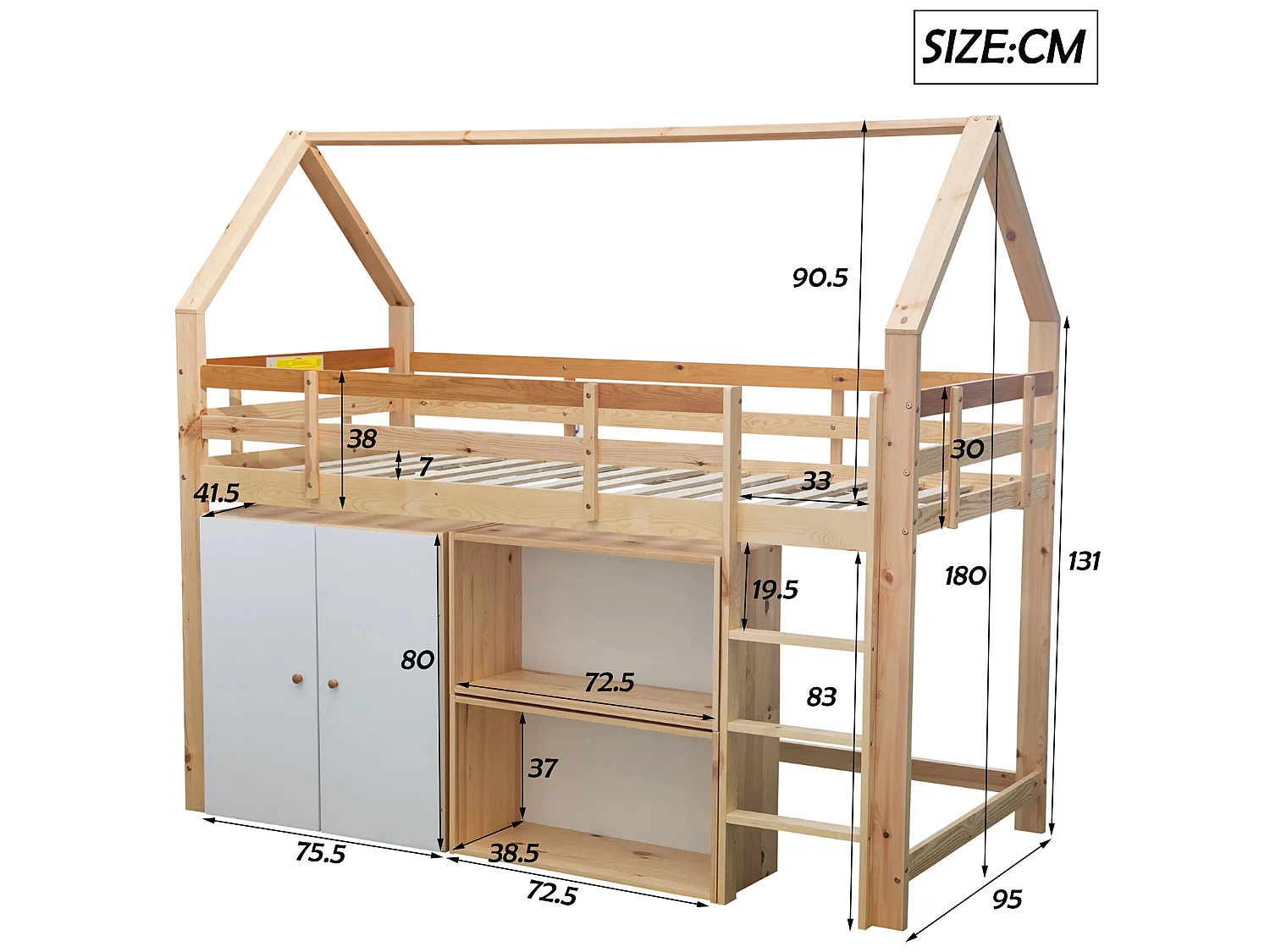 Cama entrepiso 90 x 200 cm con estantes y armario - madera maciza - color natural y blanco