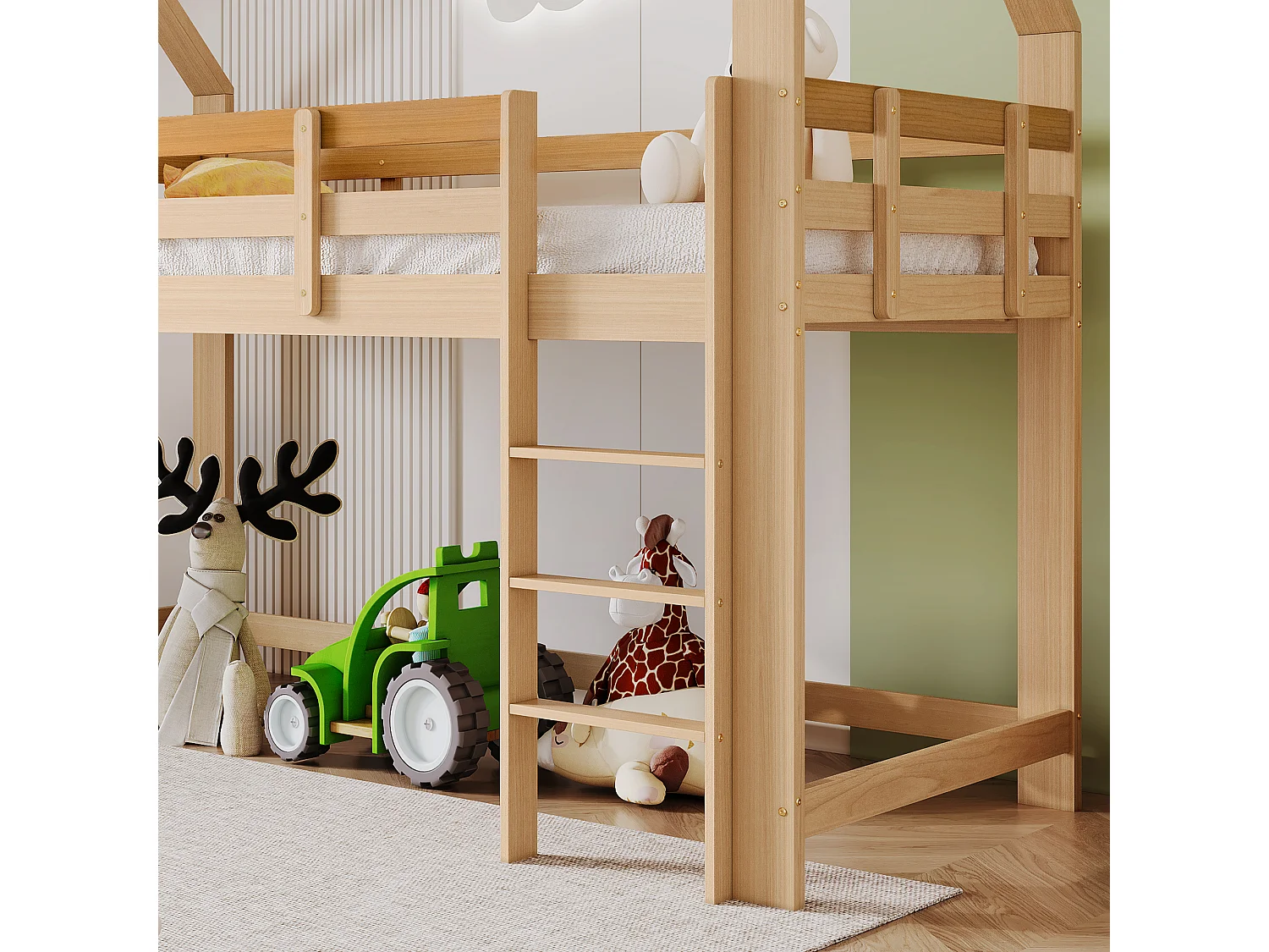 Cama entrepiso 90 x 200 cm con estantes y armario - madera maciza - color natural y blanco