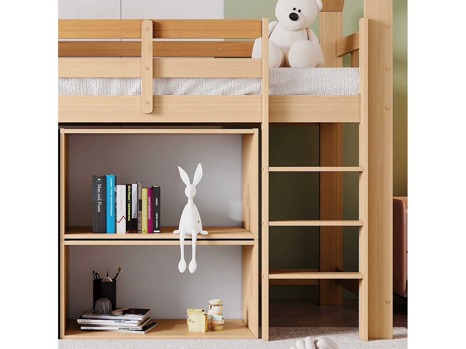 Cama entrepiso 90 x 200 cm con estantes y armario - madera maciza - color natural y blanco