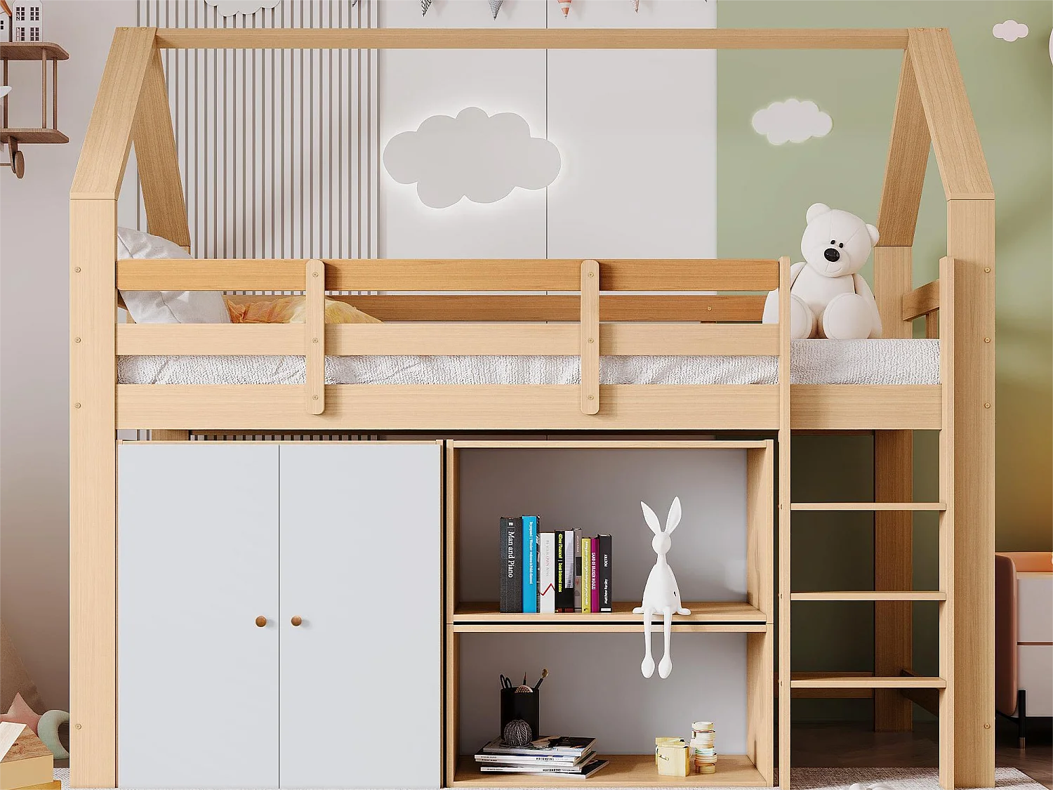 Cama entrepiso 90 x 200 cm con estantes y armario - madera maciza - color natural y blanco