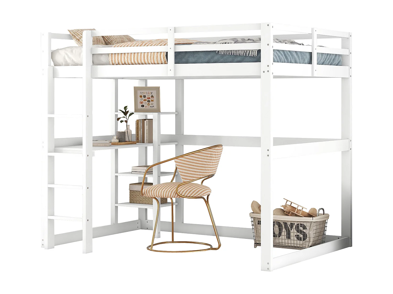 Hoogslaper - 140 x 200 cm - met bureau en opbergplank - grenen - kleur wit