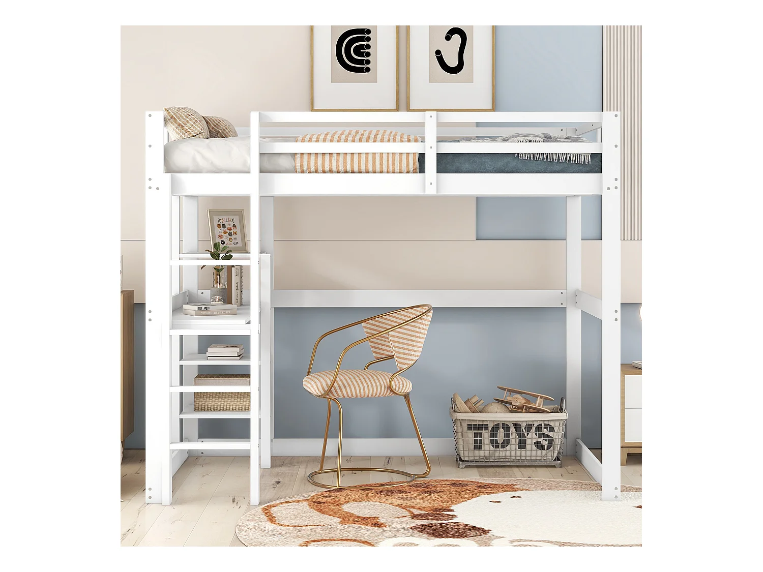 Lit mezzanine - 140 x 200 cm - avec bureau et étagère de rangement - pin - coloris blanc