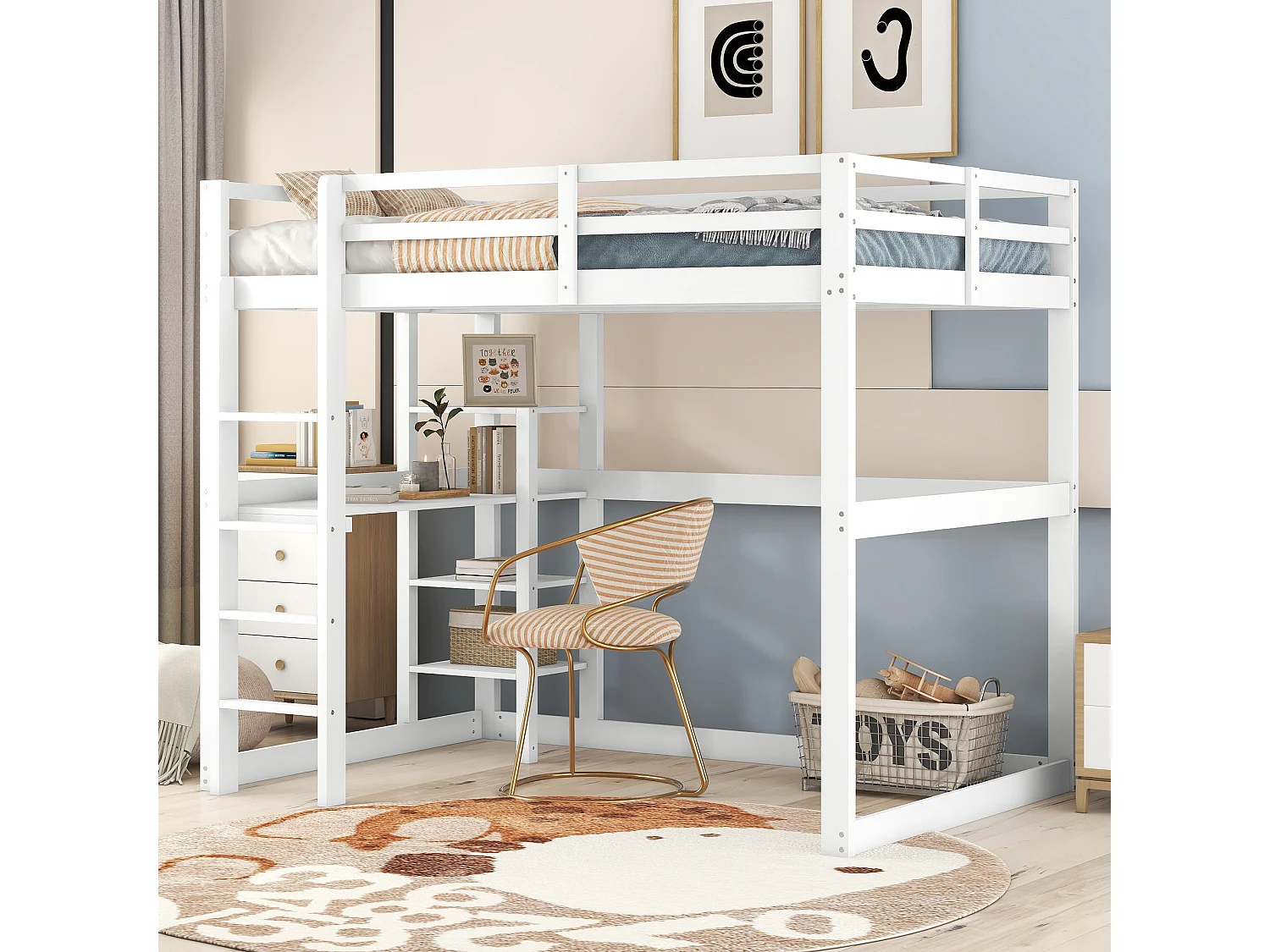 Lit mezzanine - 140 x 200 cm - avec bureau et étagère de rangement - pin - coloris blanc