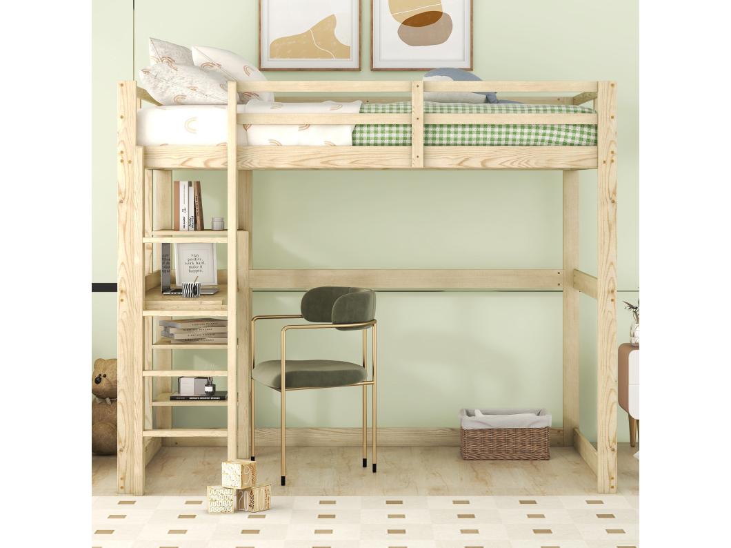 Hoogslaper - 140 x 200 cm - met bureau en opbergplank - grenen - natuurlijke kleur