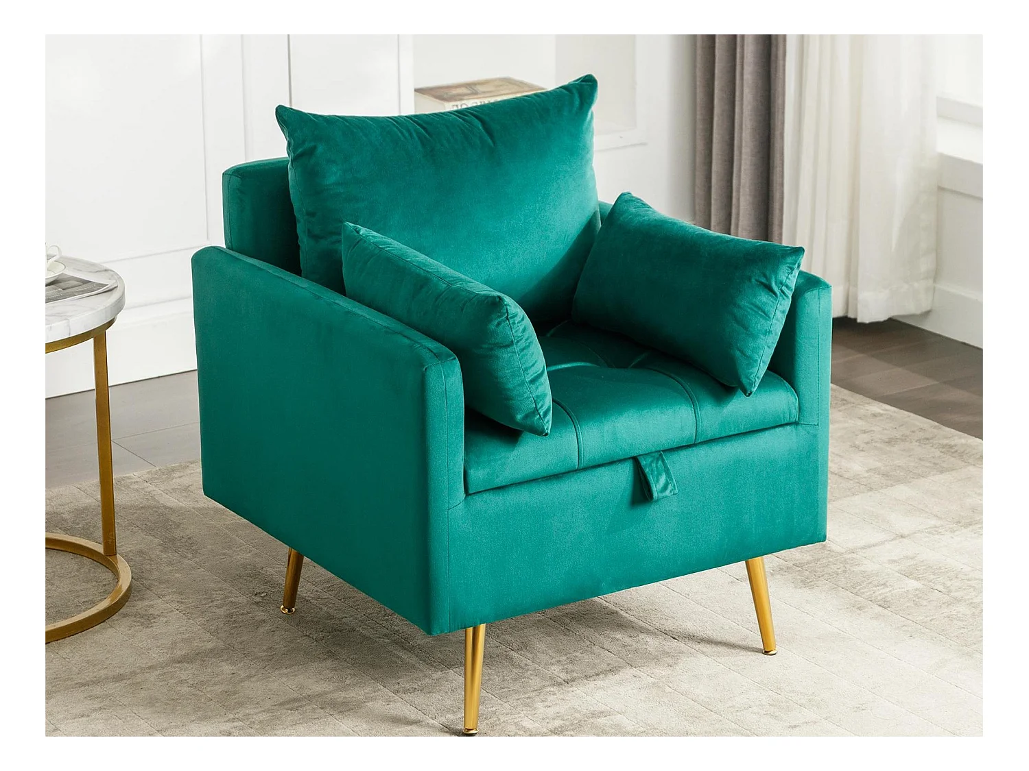 Fluwelen fauteuil met opbergruimte - gouden metalen poten - groen