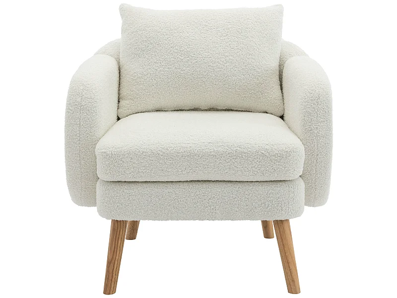 Fauteuil en tissu teddy avec coussin - pieds en bois massif - blanc