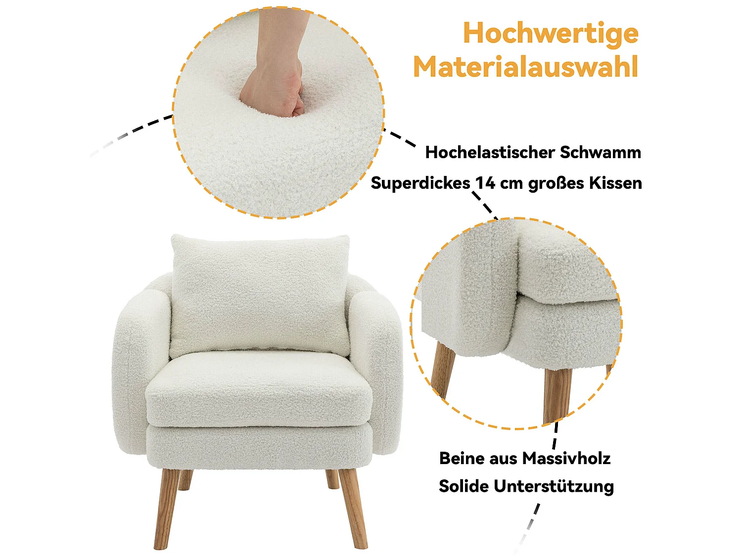 Teddy-Stoffsessel mit Kissen – Beine aus Massivholz – weiß