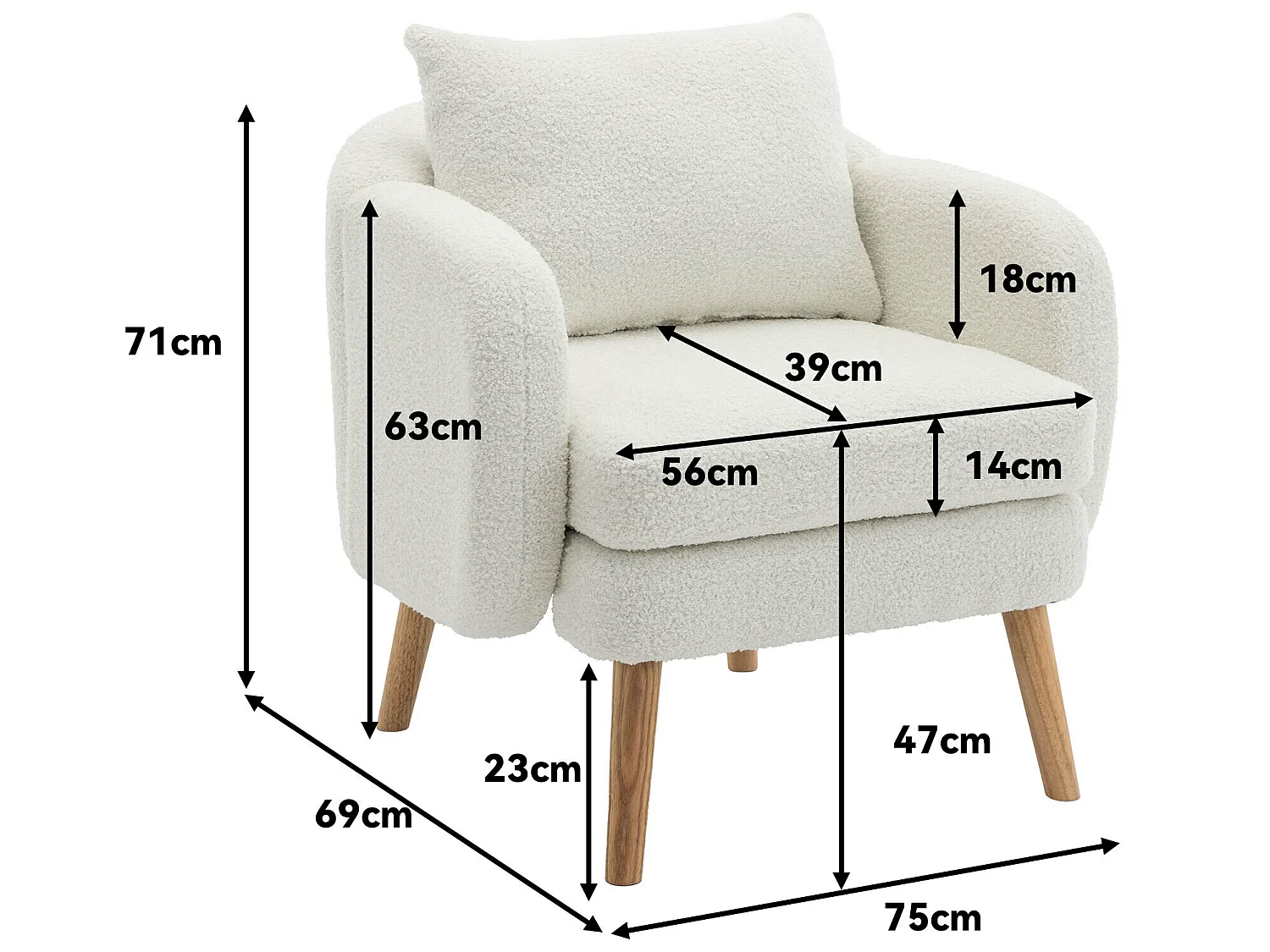 Sillón de tela Teddy con cojín - patas de madera maciza - blanco