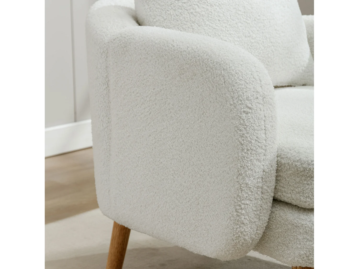 Sillón de tela Teddy con cojín - patas de madera maciza - blanco