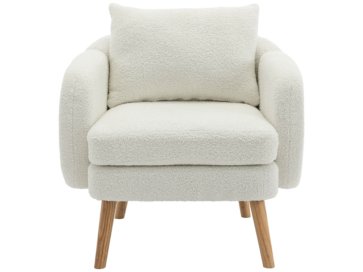 Fauteuil in teddystof met kussen - poten van massief hout - wit