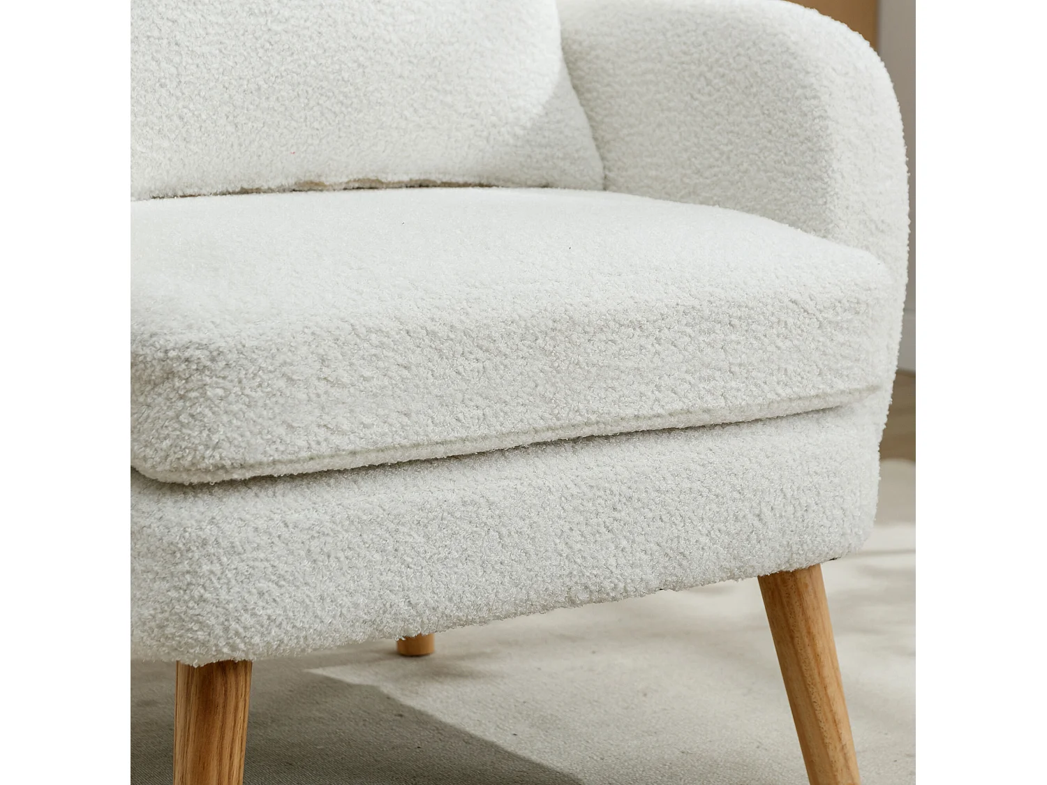 Fauteuil in teddystof met kussen - poten van massief hout - wit