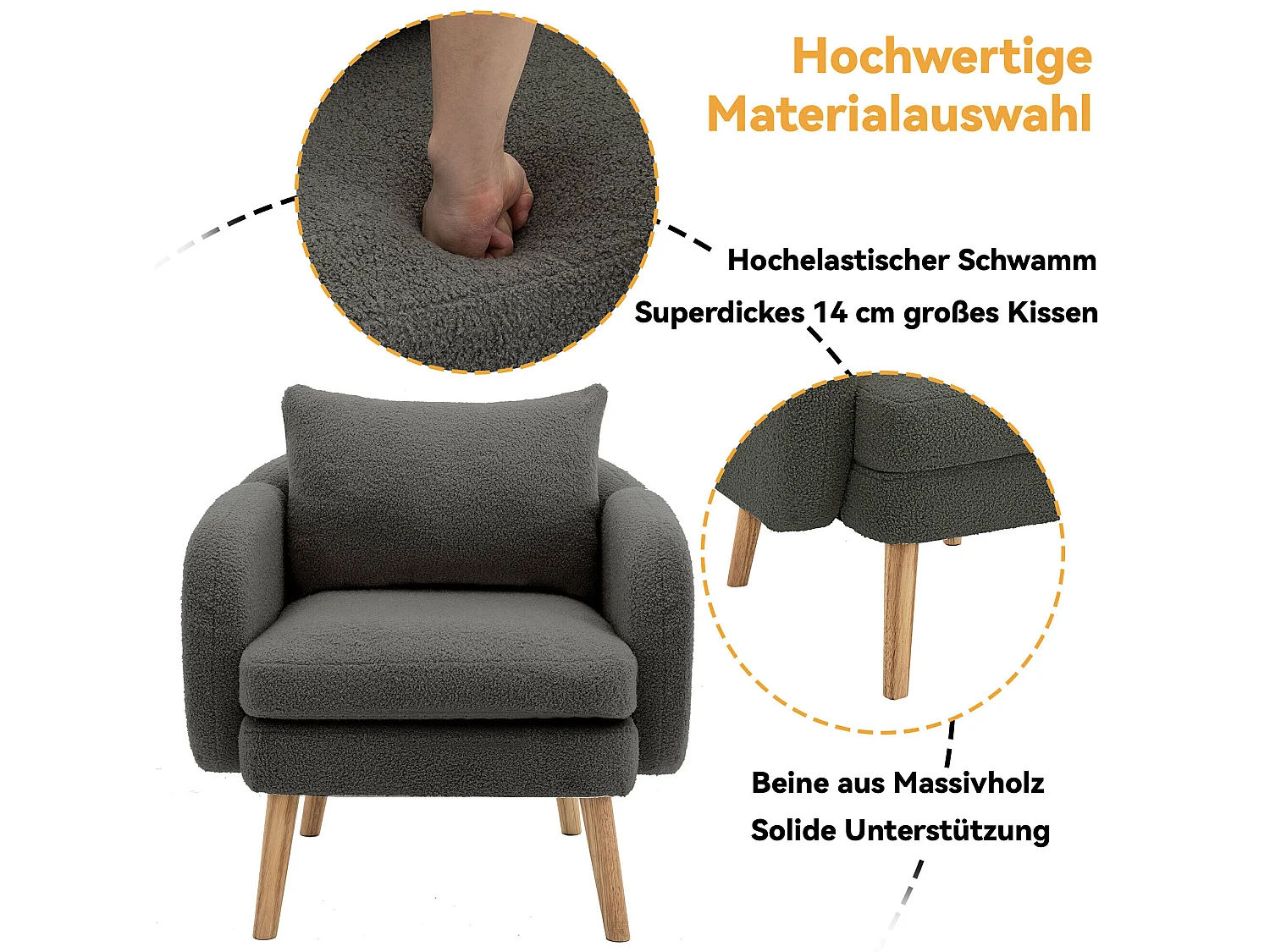 Fauteuil in teddystof met kussen - poten van massief hout - grijs