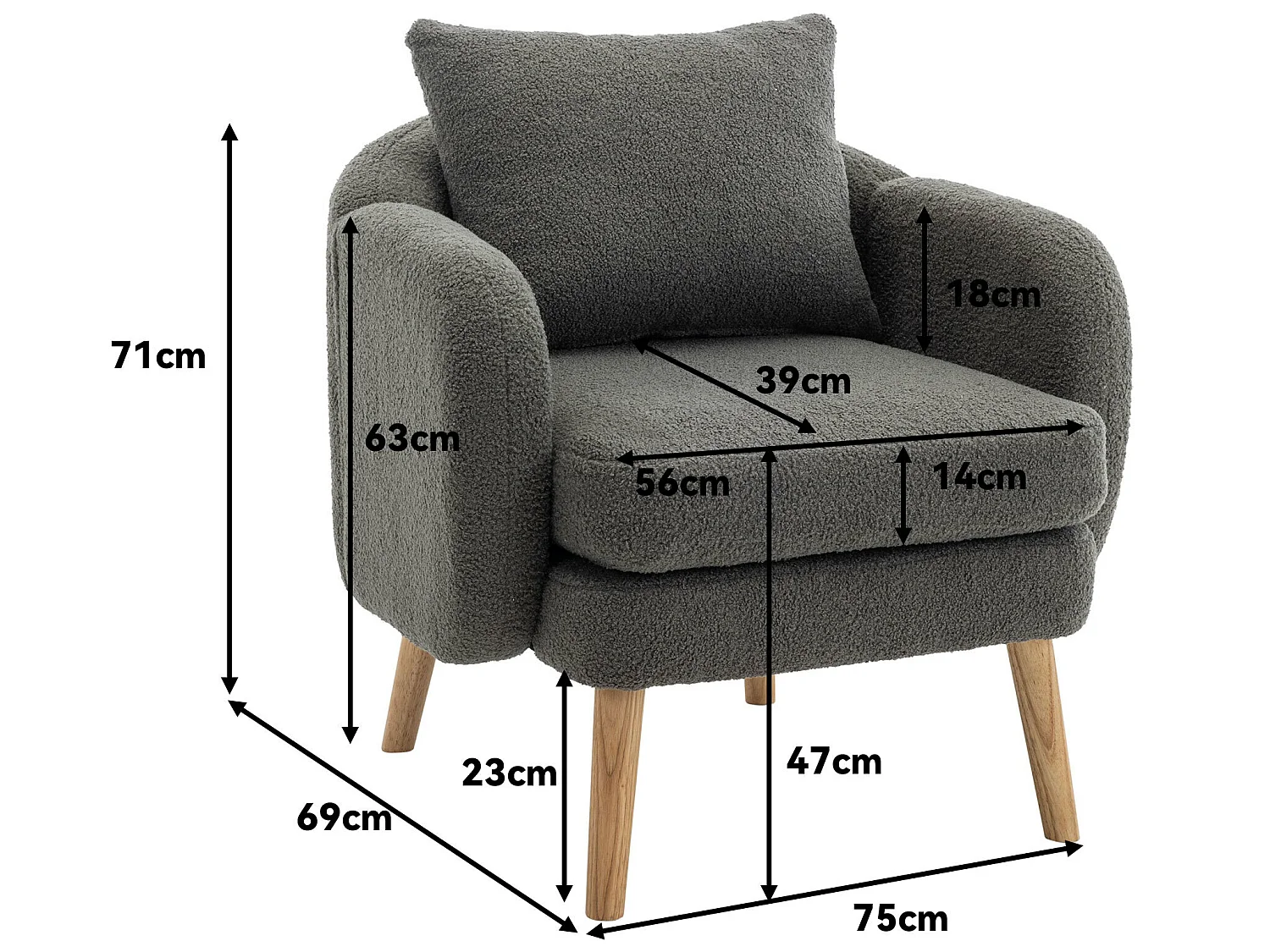 Fauteuil en tissu teddy avec coussin - pieds en bois massif - gris