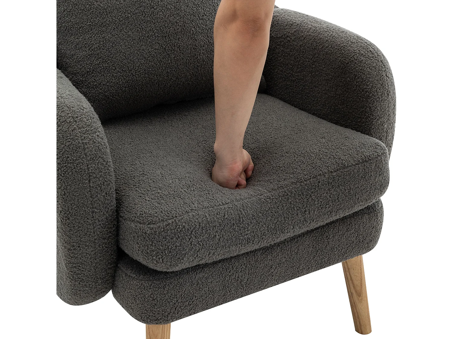 Fauteuil en tissu teddy avec coussin - pieds en bois massif - gris