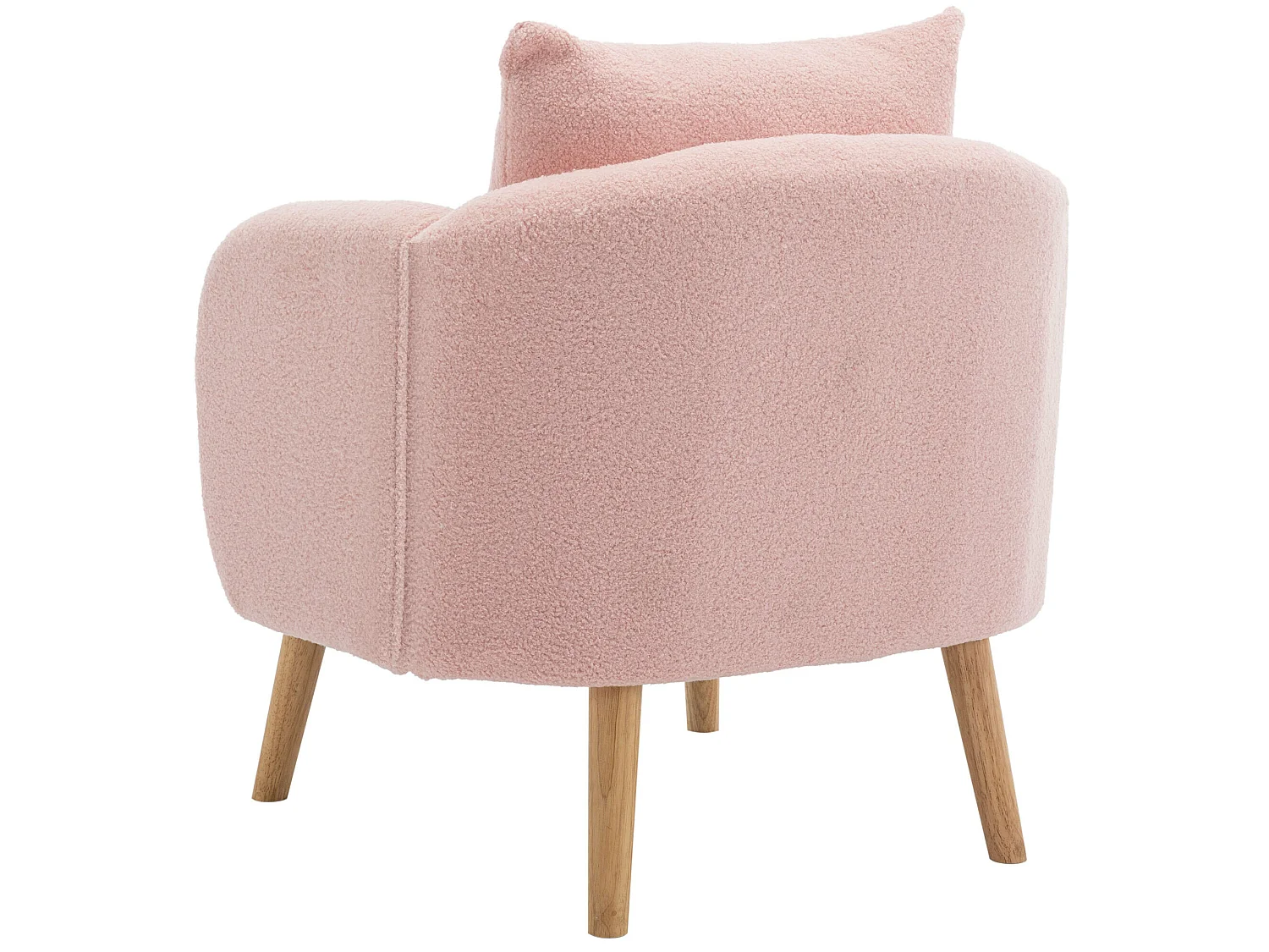 Fauteuil en tissu teddy avec coussin - pieds en bois massif - rose