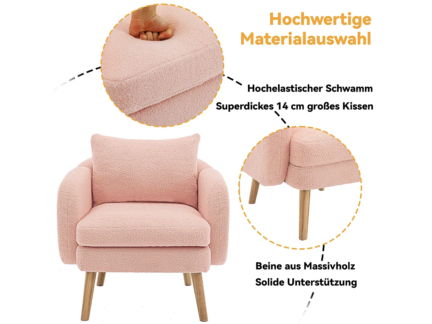 Fauteuil en tissu teddy avec coussin - pieds en bois massif - rose