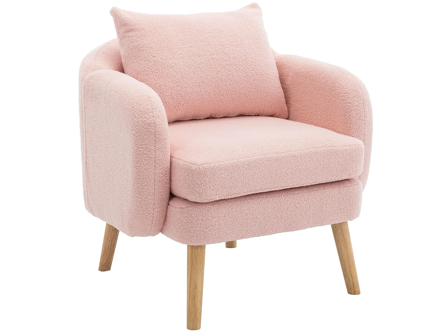 Fauteuil en tissu teddy avec coussin - pieds en bois massif - rose