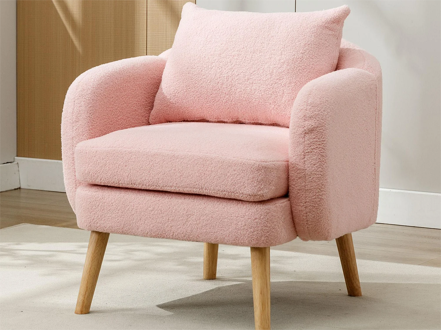 Sillón de tela Teddy con cojín - patas de madera maciza - rosa