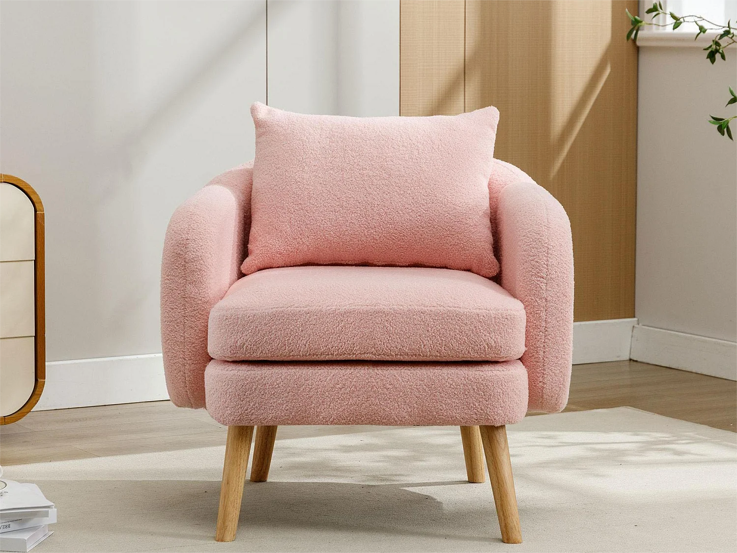 Sillón de tela Teddy con cojín - patas de madera maciza - rosa