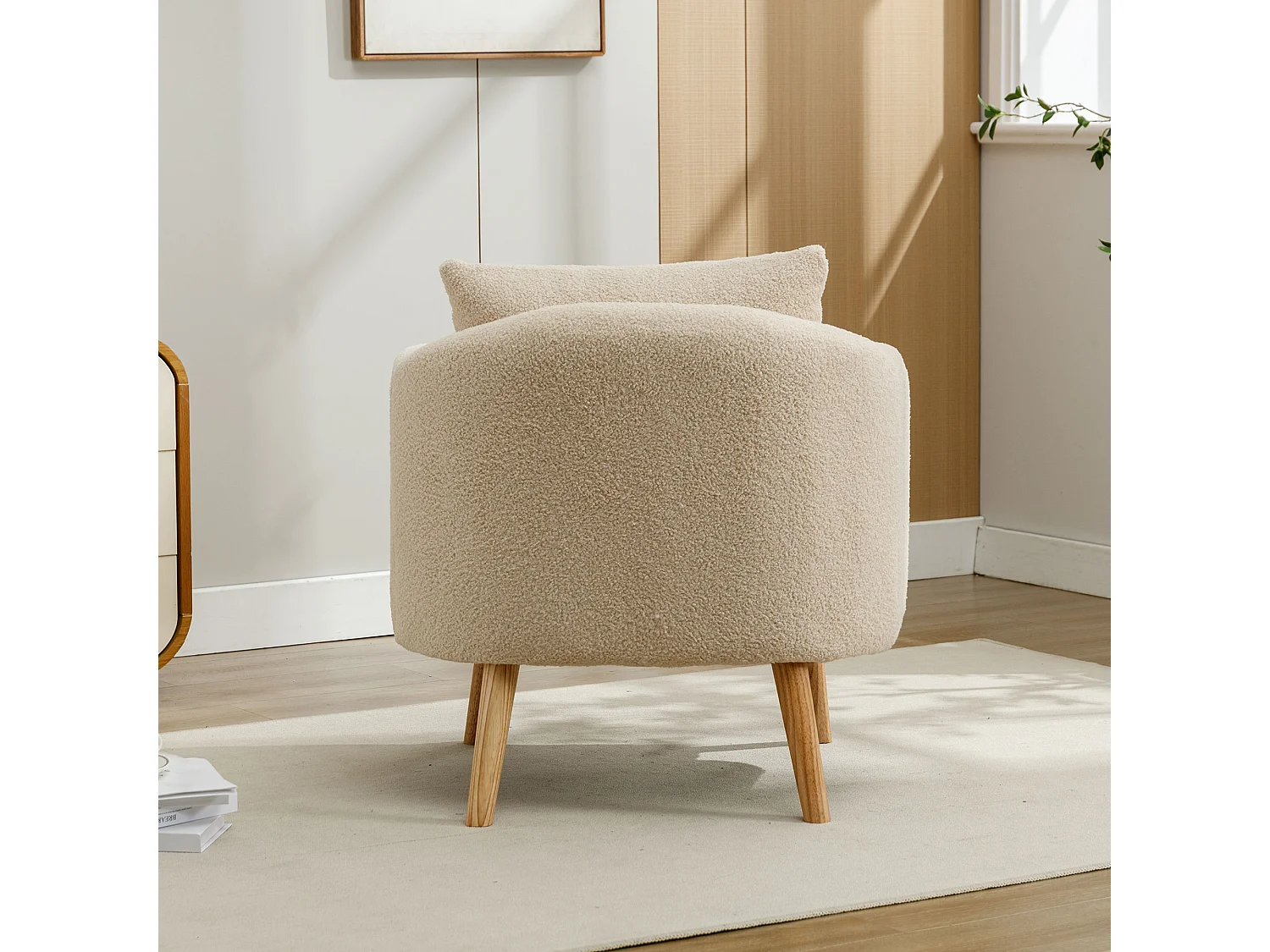 Fauteuil Cocooning 1 Place En Velours Teddy - Pieds Bois Massif, Coussins Amovibles, Confort Maximal, Couleur Beige/blanc/rose