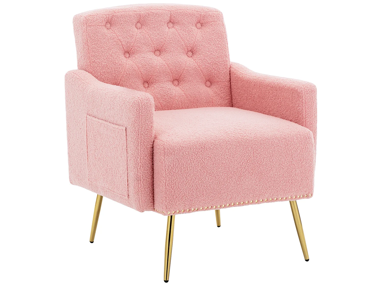 Sessel mit Tasche – goldene Metallbeine – rosa Teddystoff