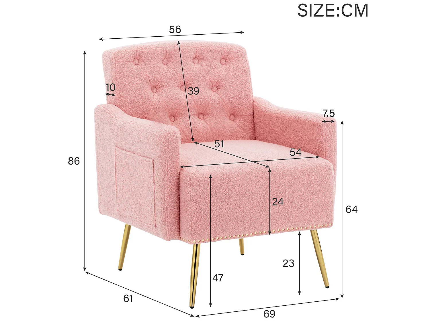 Sessel mit Tasche – goldene Metallbeine – rosa Teddystoff