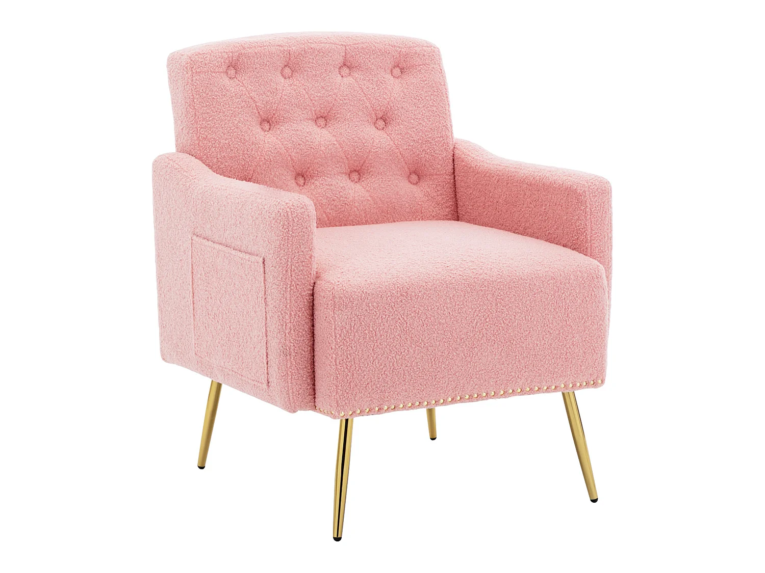 Fauteuil avec poche - pieds en métal doré - tissu teddy rose