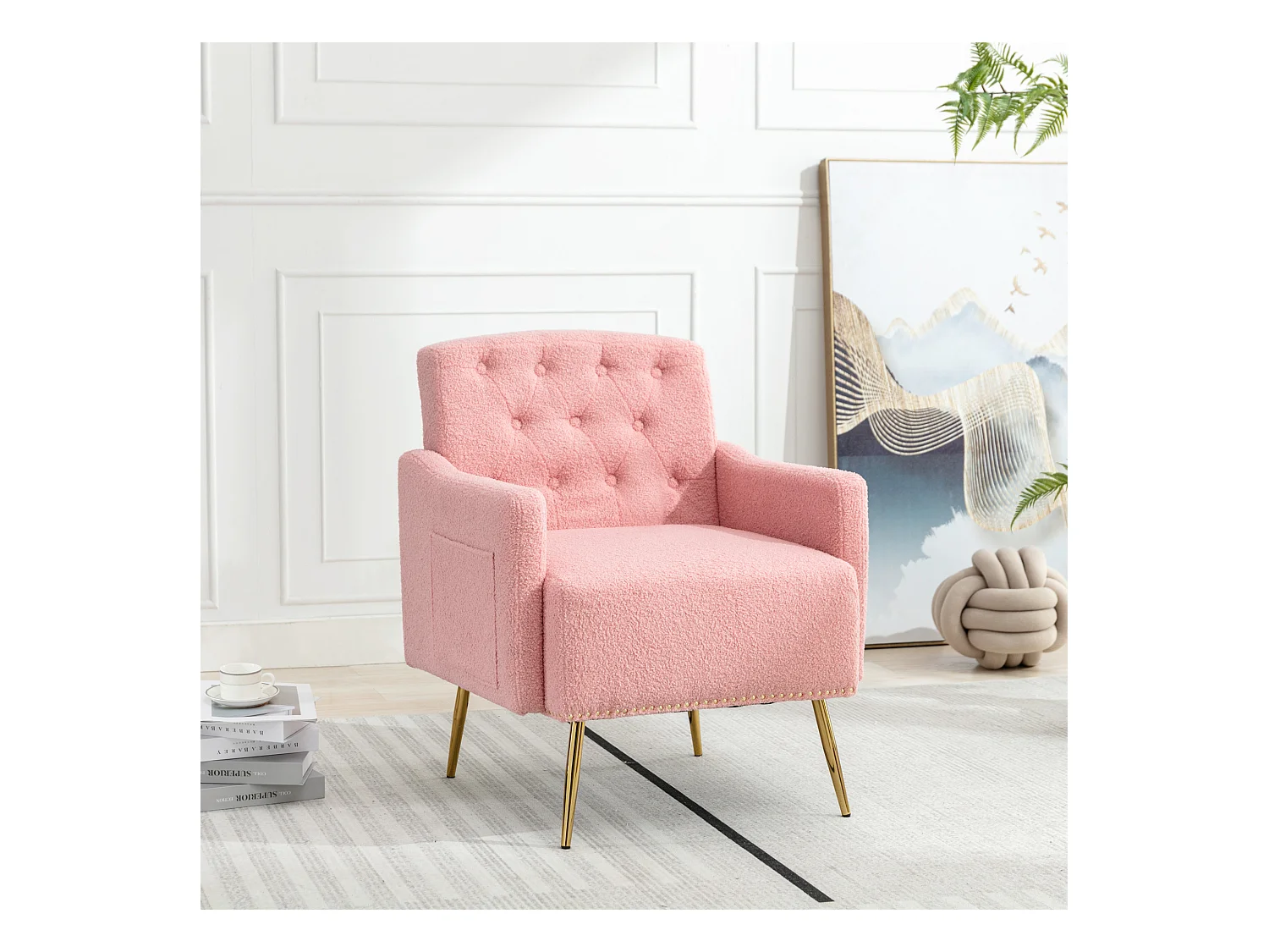 Fauteuil avec poche - pieds en métal doré - tissu teddy rose