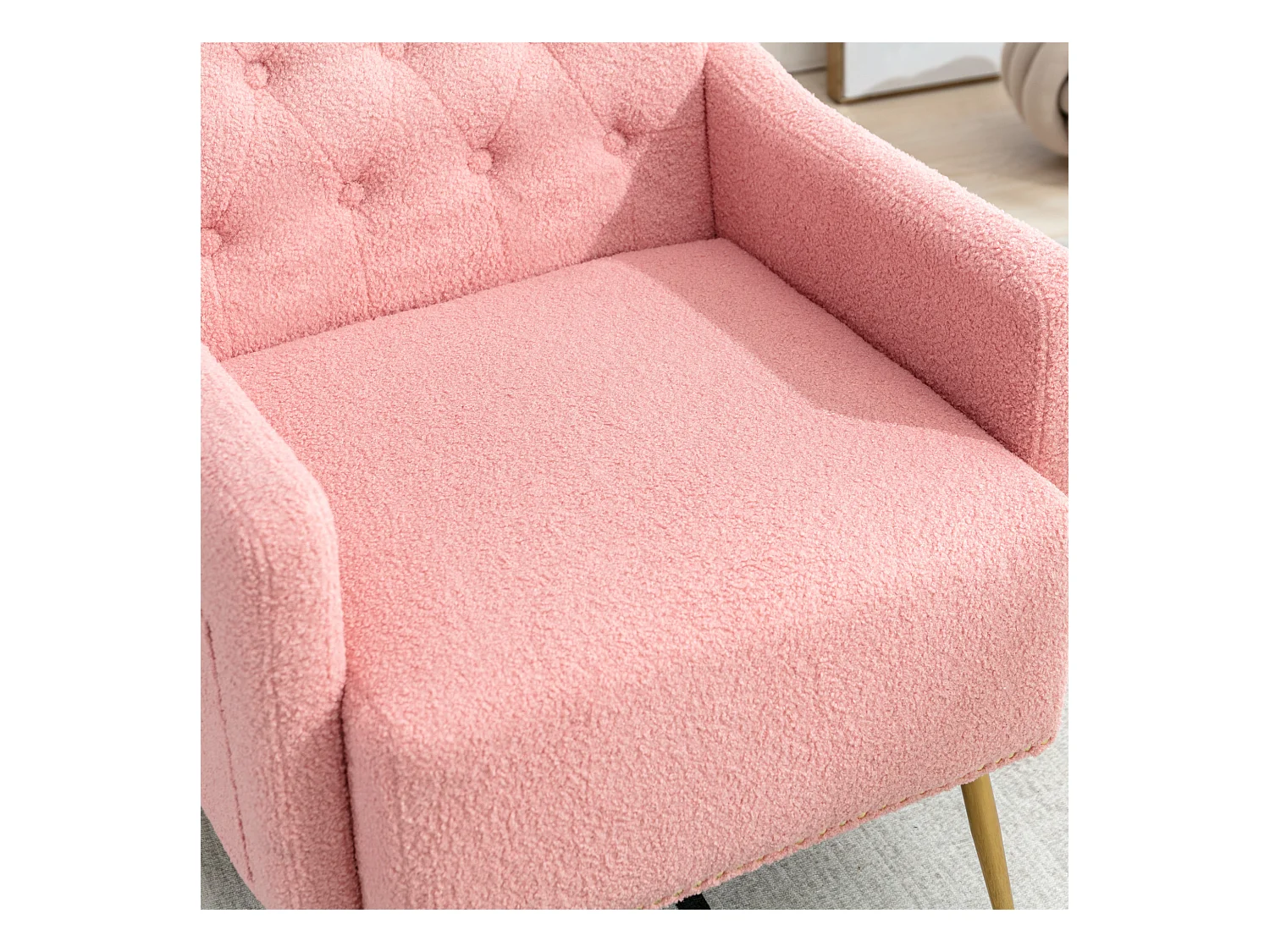 Fauteuil avec poche - pieds en métal doré - tissu teddy rose